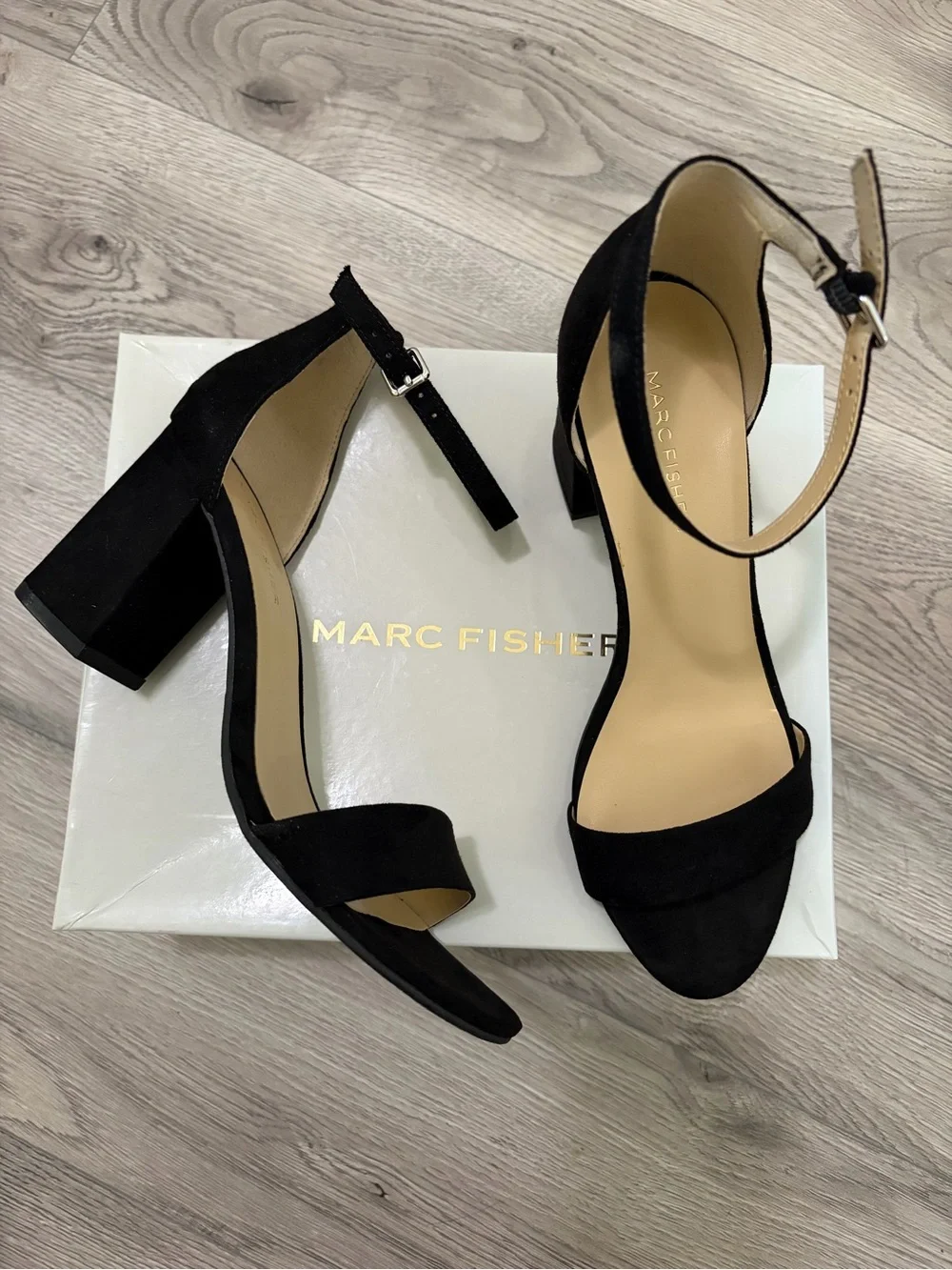 Marc Fisher Black Suede Ankle-Strap Block Heel Sandals